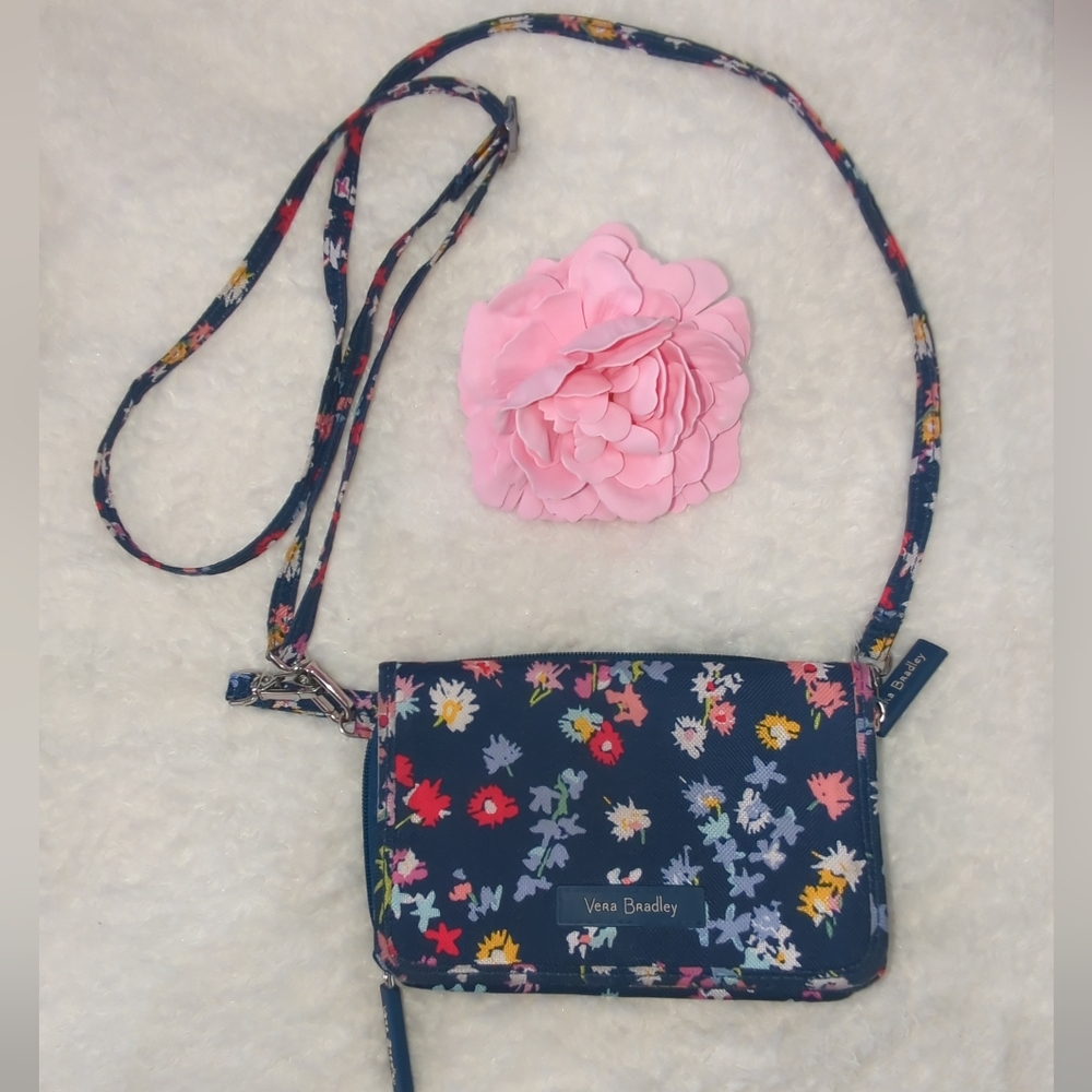 Vera Bradley Navy Floral Crossbody Wallet with Multicolor Flowers Cottagecore